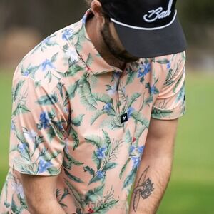 NWT Bad Birdie Golf Polo Shirt Mens L Flora Fiesta Hawaiian Floral Golfer Peach